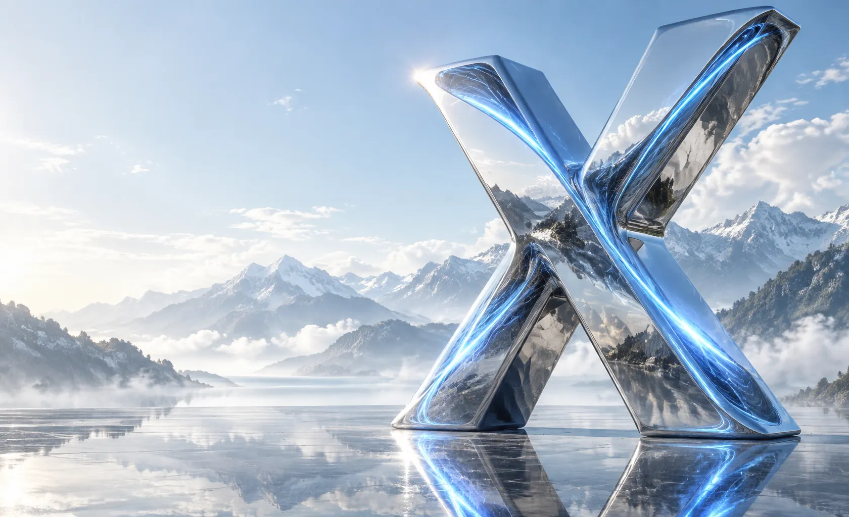 Chrome X with blue signal streams over misty mountains